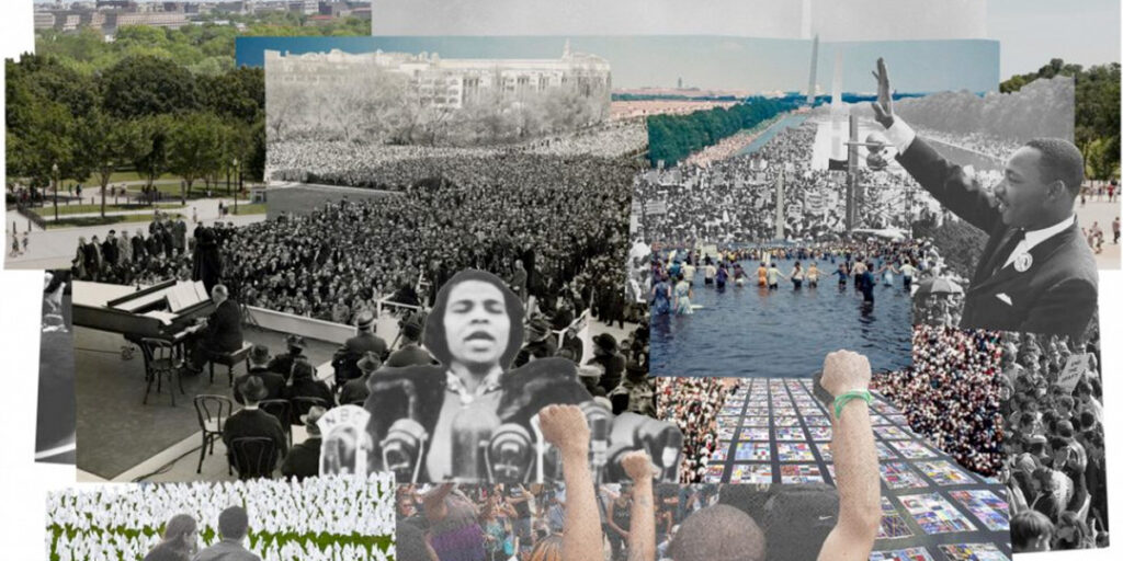 A collage of historic events on the National Mall that have served as the inspiration for the first exhibition, "Pulling Together."