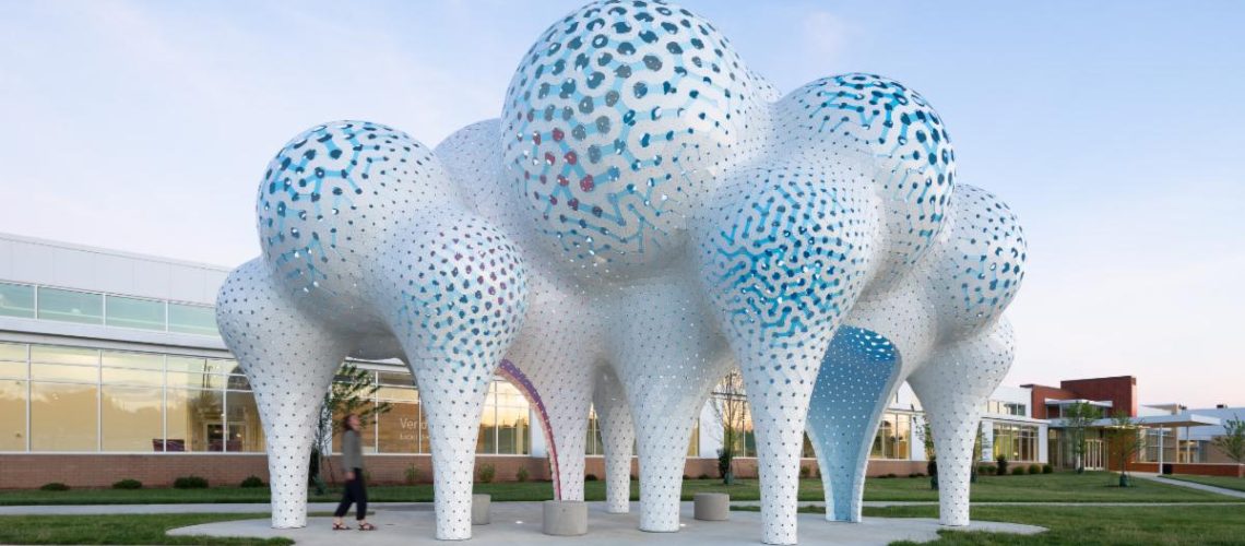 MARC FORNES / THEVERYMANY, PILLARS OF DREAMS, 2019. Location: Charlotte, NC. Photo: @studio_naaro, via The Arts and Science Council from Sculpture's May/June 2020 Art in Public Places edition.