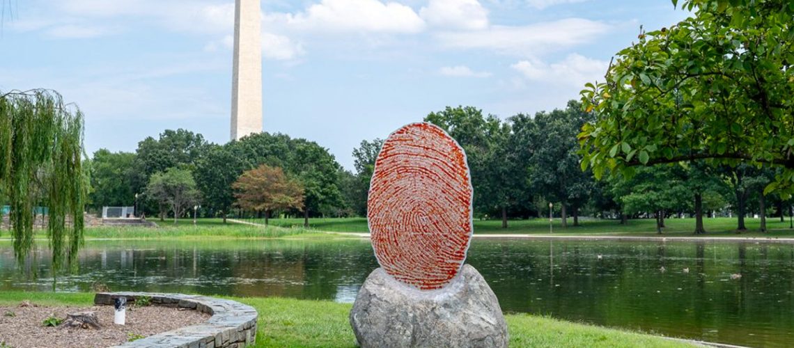 Wendy Red Star, The Soil You See… (2023) in the Monument Lab's exhibition "Beyond Granite: Pulling Together" on the National Mall in Washington, D.C. Photo by AJ Mitchell, courtesy of Monument Lab.